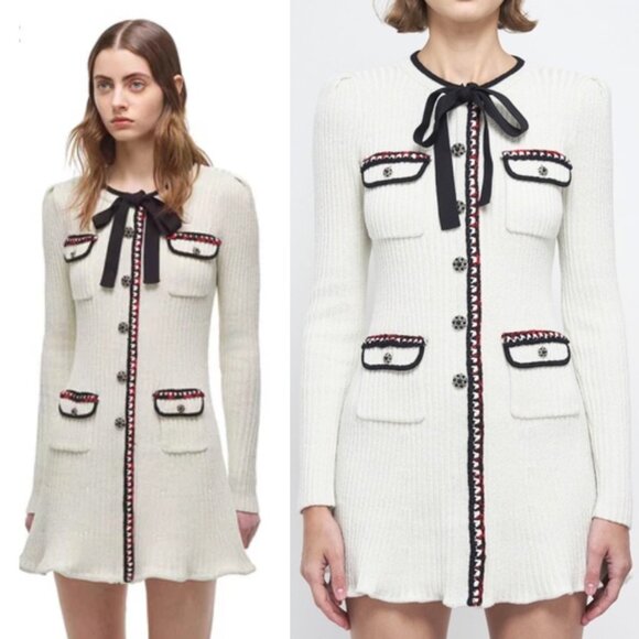 Self-Portrait Dresses & Skirts - Self-Portrait Lurex Knit Dress Ivory Black Red Preppy Career Modest Trendy